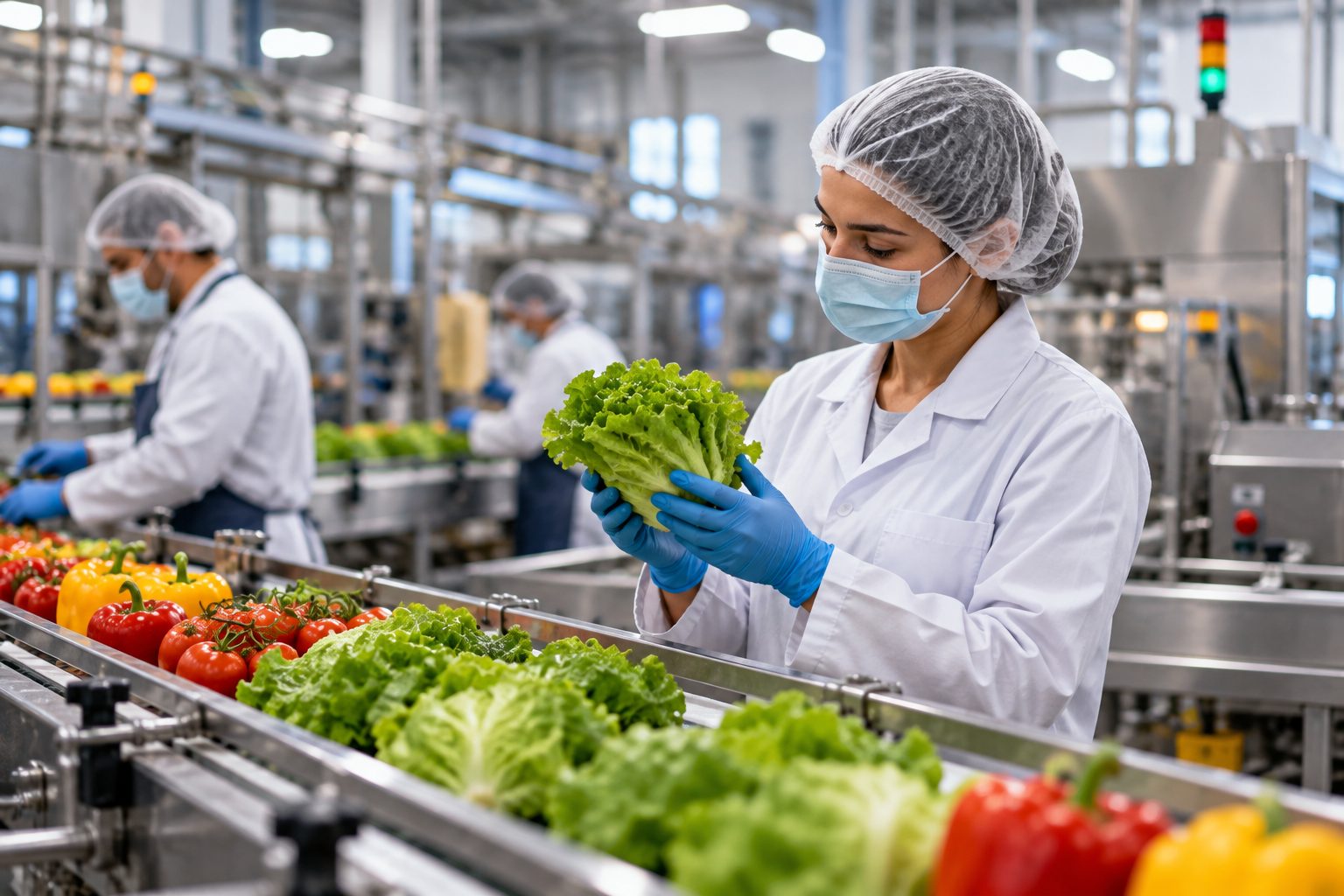 Técnica de calidad revisando lechugas en una línea de producción alimentaria